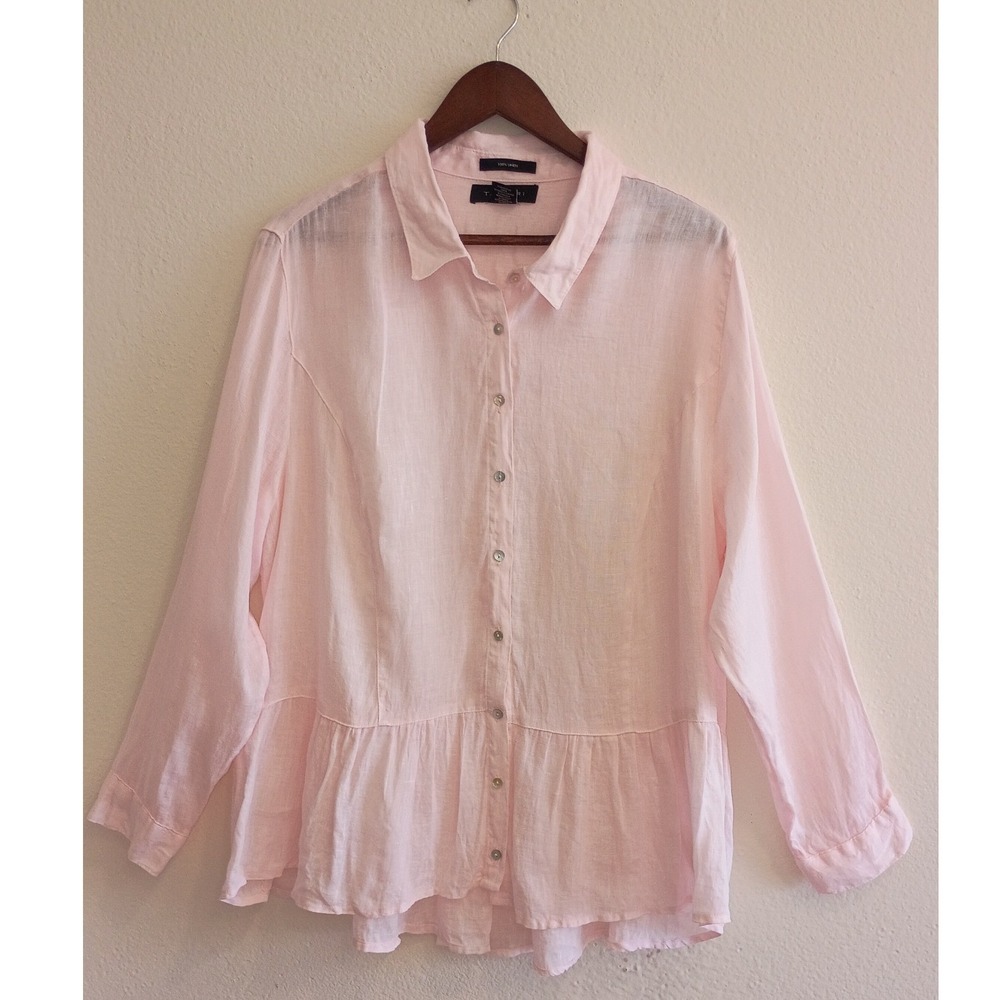Tahari Pink 100% Linen Ruffle Hem Button Down Blouse Long Sleeve Top 2X Peplum